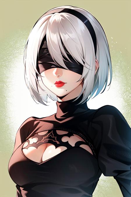 12753-1658926434-yorha no. 2 type b, 1girl, blindfold, breasts, cleavage, cleavage cutout, clothing cutout, green background, hair between eyes,.png